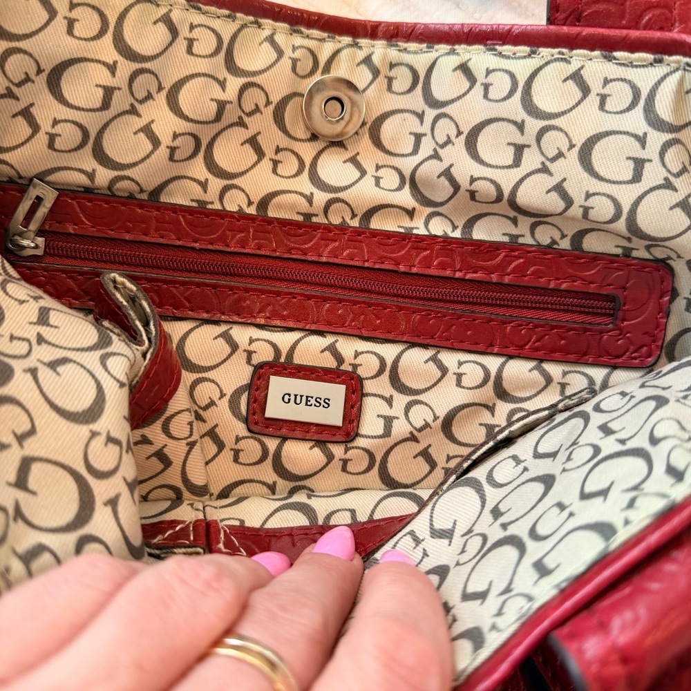GUESS Y2K Burgundy Monogram Hand Bag Signature Silver Triangle Rhinestone Logo - Picture 13 of 15